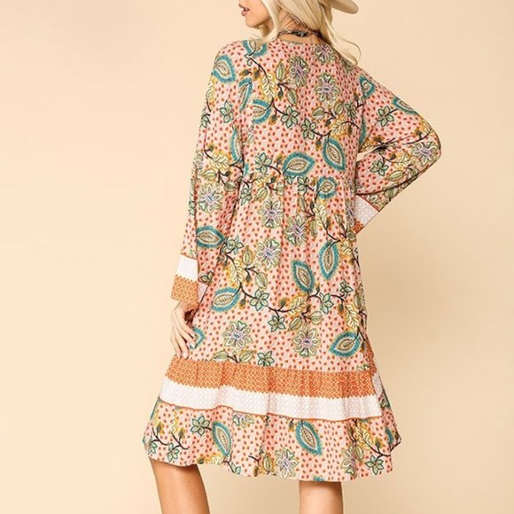 Gigio Dresses Orange Boho Placement Floral Print Ruffled Dress